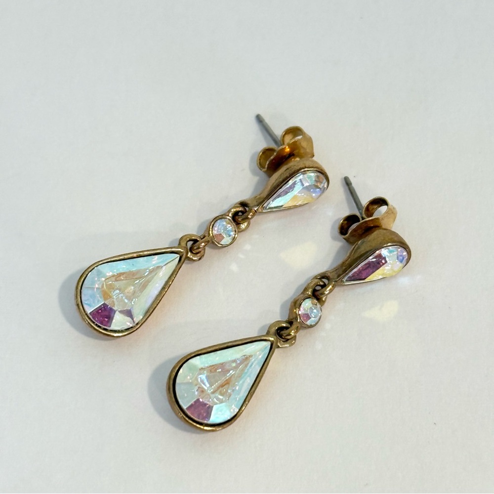 Givenchy Gold Tone Aurora Borealis Rhinestone Dangle Earrings Vintage Colorful